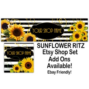 SUNFLOWER RITZ Premade Etsy Banner-Etsy Shop Cover-Sunflower Banner-Black White Shop Banner,Spring Etsy Banner,vintage Etsy,Ebay Store