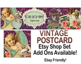 VINTAGE POSTCARD Etsy Large Cover Banner,Premade Etsy Banner/Ephemera Etsy Banner Banner,Vintage Bird Banner,BirdcageAntique Banner,Ebay