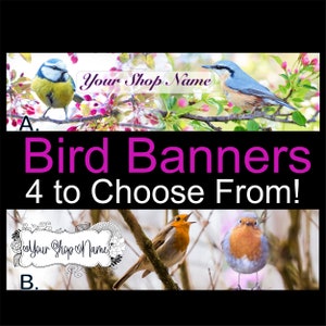 Op de afbeelding: Vier verschillende bannerontwerpen met kleurrijke vogels op een bloemige achtergrond. De banners bevatten de tekst "Your Shop Name".