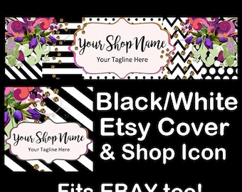 ELEGANT BLACK WHITE Etsy Large Cover Banner Set 3360X840/Premade Etsy Banner/Wedding Shop Etsy Banner, Etsy Banner, Floral Black White, Ebay