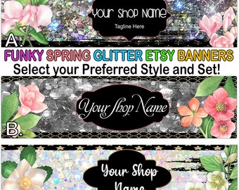 BLOEMEN LENTE GLITTER Premade Etsy Banner-Etsy Shop Cover-Sieraden Banners-Fashion Etsy-Glitter Etsy-Floral Etsy, Ebay Store, Black Glitter