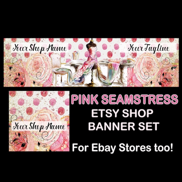 PINK SEAMSTRESS Esty Banner Set, Sewing Shop Banner,Elegant Banner,Pink Etsy Banners,Dressmaker Etsy,Womens Handmade Clothing Shop Banner