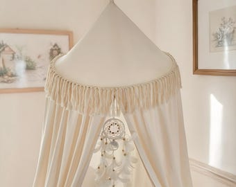 Dosel de techo abovedado con borlas y ribete puntiagudo – Decoración para dormitorio infantil, guardería, tienda de juegos