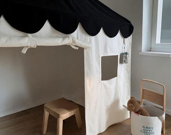 Tenda suspensa infantil preta e branca, casinha de brincar com base secreta, cantinho de leitura estilo INS