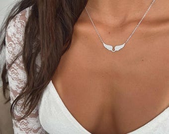 Gouden ketting met engelenvleugels, hanger met zirkonia, engelenvleugelbedeltje, minimalistische moderne gelaagde gouden ketting.