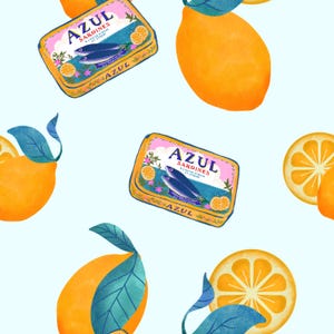 May include: A repeating pattern featuring rectangular tins of Azul Sardines with blue fish illustrations, pink accents, and text, interspersed with bright yellow whole lemons and sliced lemon rounds with green leaves on a light blue background.