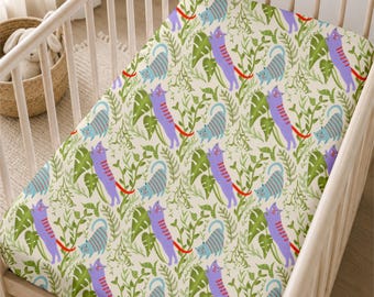 Leafy Cats Pattern Baby Changing Pad Cover | Nursery Nature Print