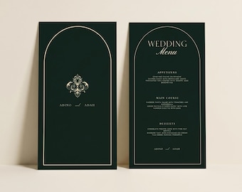 Menú de boda elegante vintage en verde y dorado / Menú de boda de la vieja aristocracia / Plantilla de menú de boda verde oscuro: Diseño moderno y chic