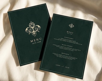 Menú de boda elegante vintage en verde y dorado / Menú de boda de la vieja aristocracia / Plantilla de menú de boda verde oscuro: Diseño moderno y chic