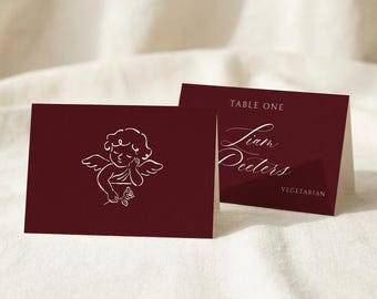 Tarjetas de lugar para bodas color burdeos, elegante decoración de mesa para bodas, tarjetas de asientos rojas, dinero antiguo, plantilla de tarjeta de nombre retro, etiquetas con nombres de invitados, configuración de lugar
