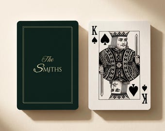 Juego de cartas personalizado verde oscuro para una noche de juegos en familia. Baraja de póker personalizada. Libro de firmas para bodas. Cartas de juego de lujo con nombre personalizado.