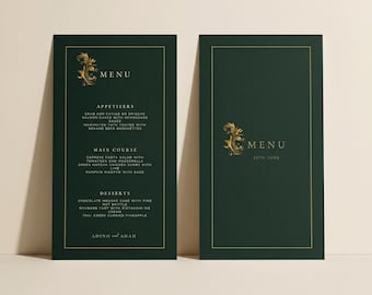 Menú de boda elegante vintage en verde y dorado / Menú de boda de la vieja aristocracia / Plantilla de menú de boda verde oscuro de descarga instantánea / Menú de la vieja aristocracia