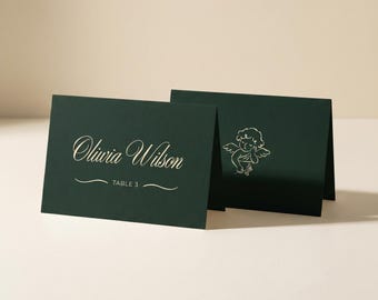 Tarjeta de lugar para boda verde oscuro Elegante decoración de mesa de boda Tarjetas de asiento Plantilla de tarjeta de nombre retro Old Money Etiquetas de nombre de invitados Arreglo de lugar