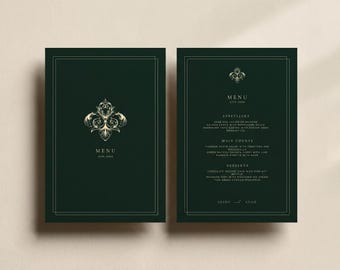 Menú de boda elegante vintage en verde y dorado / Menú de boda de la vieja aristocracia / Plantilla de menú de boda verde oscuro: Diseño moderno y chic
