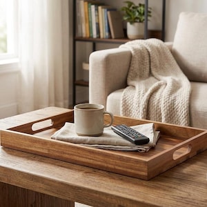 May include: A rectangular wooden serving tray with cut-out handles. A beige mug, a remote control, and a folded linen napkin rest on the tray. The tray is on a wooden coffee table in a living room setting.