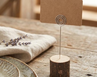 Wood Place Card Holders with Swirl Wire and Kraft Cards Rustic