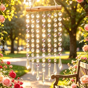Iridescent Crystal Suncatcher Wind Chime, Handmade Driftwood Prism Rainbow Maker, Garden & Window Hanging Decor, Unique Housewarming Gift