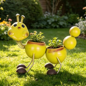 May include: A yellow metal caterpillar-shaped garden planter featuring two round containers for plants, a spring-mounted head with antennae, and four thin legs with rounded feet. The body has brown distressed accents on the edges of the containers.