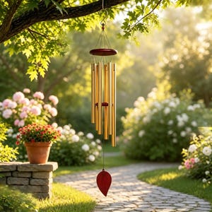 May include: A wind chime featuring six cylindrical gold-toned metal tubes suspended from a dark circular wooden platform. A dark red leaf-shaped wooden wind catcher hangs at the bottom, connected by thin black strings to the central striker.