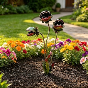 May include: A garden sculpture featuring three metallic, green and red venus flytrap-style plants with open, toothy mouths on slender stems. The sculpture is positioned in dark soil, surrounded by a vibrant patch of colorful orange, pink, and yellow flowers.