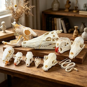 May include: A display of animal skulls and a snake skeleton on a wooden table. The collection includes a crocodile skull, a deer skull, and various smaller mammal skulls. Some skulls have visible teeth or red-colored elements. The arrangement suggests a natural history theme.