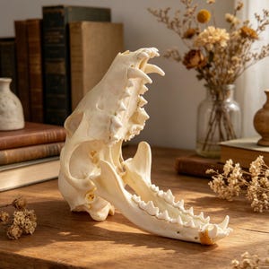 May include: A close-up of a canine skull, displaying its teeth and bone structure. The skull is a creamy off-white colour, with visible sutures and tooth sockets. The jaw is open, revealing the full set of teeth. The background includes books and dried flowers, suggesting a natural history theme.