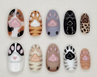 Unghie finte a forma di zampa di gatto, unghie kawaii con animali, unghie con impronta di zampa 3D, design carino con gatti misti, unghie finte giapponesi fatte a mano