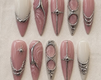 Silverkromade pressnaglar, rosa futuristisk cybernagelkonst