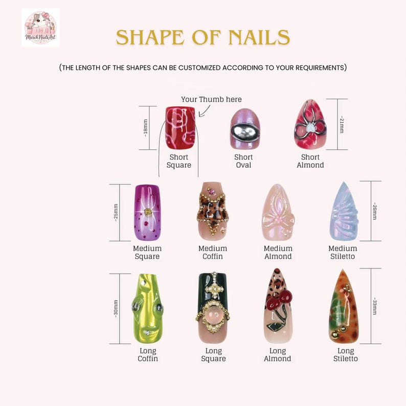 Op de afbeelding: Een grafiek met de titel SHAPE OF NAILS toont elf kunstnagelvormen met labels zoals Short Square, Short Oval, Short Almond, Medium Square, Medium Coffin, Medium Almond, Medium Stiletto, Long Coffin, Long Square, Long Almond en Long Stiletto. De afmetingen zijn in millimeters aangegeven voor elke lengtecategorie.