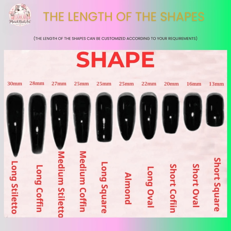 Op de afbeelding: Een overzicht met tien zwarte kunstnagelvormen met bijbehorende lengtes van 30mm tot 13mm. De tekst bevat THE LENGTH OF THE SHAPES, THE LENGTH OF THE SHAPES CAN BE CUSTOMIZED ACCORDING TO YOUR REQUIREMENTS, SHAPE en labels voor elke stijl.