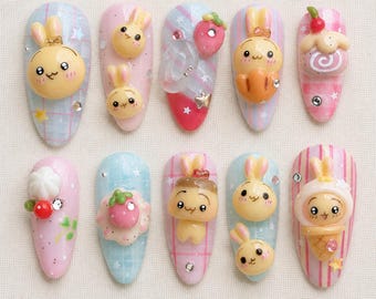 Kawaii Bunny Press On Nails, Pastel Dessert Strawberry Nail Set