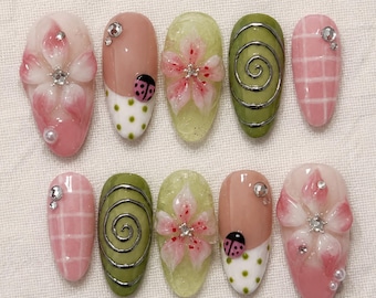 Unghie finte 3D con fiori, unghie primaverili rosa e verdi, unghie floreali in stile cottagecore