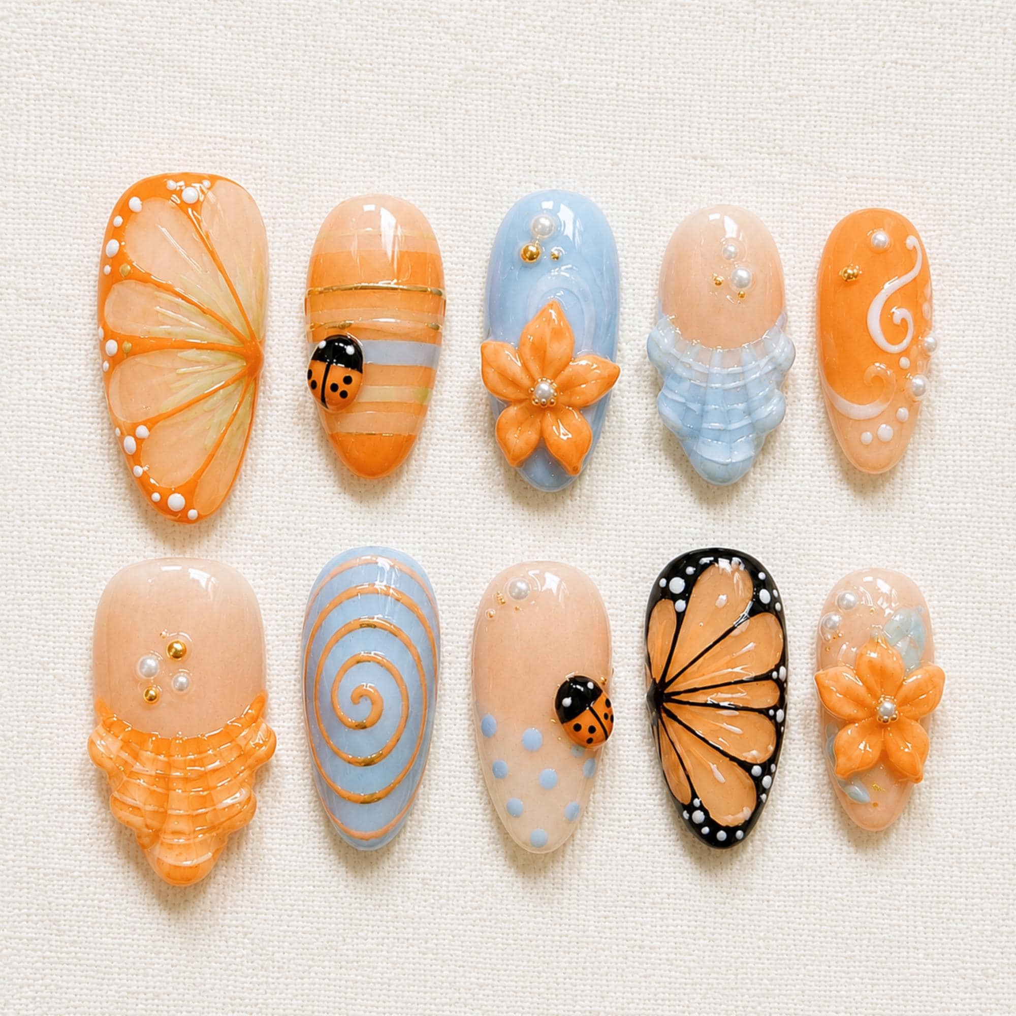 Orange Blue Floral Press On Nails, 3D Butterfly Wings Summer Nail Art
