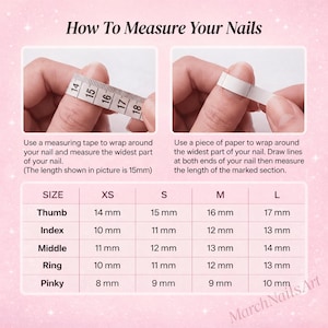 Op de afbeelding: Een instructietabel getiteld How To Measure Your Nails met een roze achtergrond. Het bevat twee diagrammen die laten zien hoe je nagels meet met een meetlint of papier, en een maattabel met afmetingen in millimeters voor de maten XS tot L.