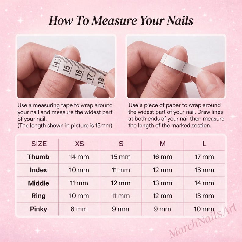 Op de afbeelding: Een instructietabel getiteld How To Measure Your Nails met een roze achtergrond. Het bevat twee diagrammen die laten zien hoe je nagels meet met een meetlint of papier, en een maattabel met afmetingen in millimeters voor de maten XS tot L.