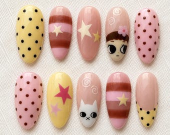 Kawaii Polka Dot Press On Nails, Pastel Cat Cartoon Nail Art
