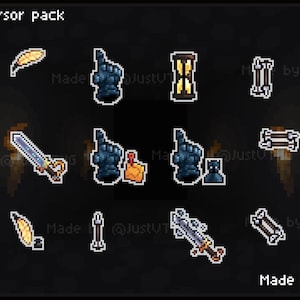 May include: A collection of pixelated medieval-themed cursor icons. The icons include swords, feathers, finger pointers, hourglasses, bones, and a cross. The text "Medieval cursor pack" is at the top. Made by @JustUTNG.