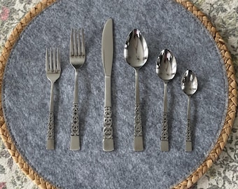 Juego de cubiertos vintage de 6 piezas | Juego de cubiertos vintage para una persona | Cubiertos de mediados de siglo | Acero inoxidable retro coreano
