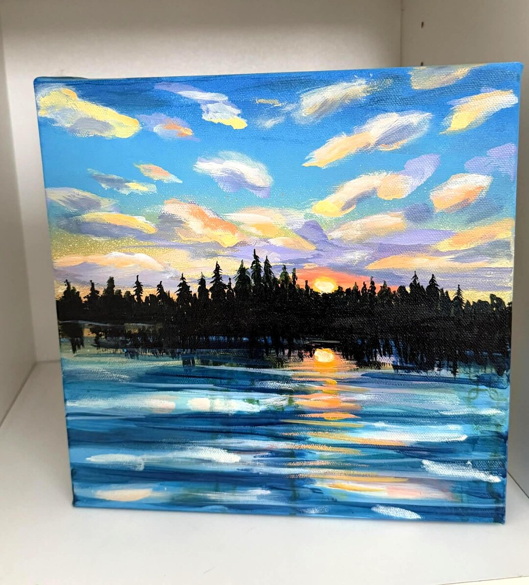Original Acrylic Sunset Lake Painting on Canvas -small Landscape Wall ...