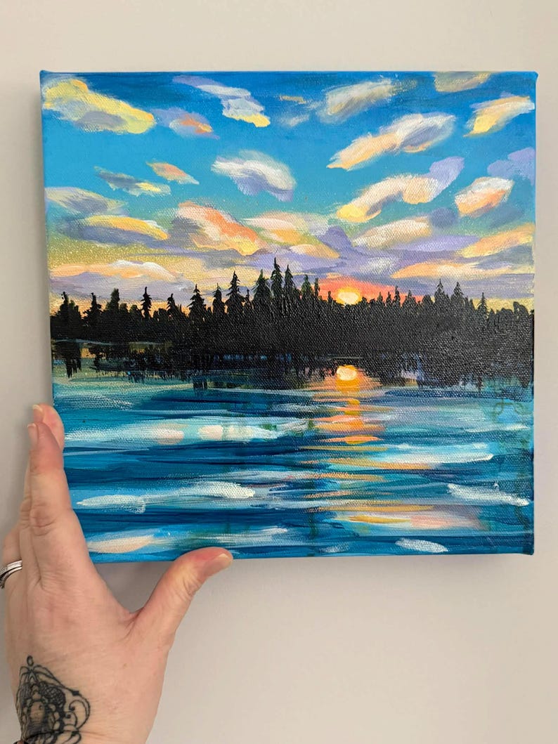 Original Acrylic Sunset Lake Painting on Canvas -small Landscape Wall ...