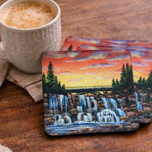 Waterfall sunset coasters (set of 4), home decor, hostess gift, housewarming gift, nature art drink coasters, table decor