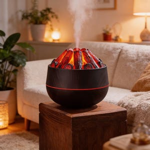 Puede incluir: Difusor de aceites esenciales negro con forma de volcán y una línea roja. La parte superior presenta un diseño de lava roja y naranja, con vapor ascendente. El difusor está sobre una mesa cúbica de madera. Dimensiones: aproximadamente 20 cm de alto y 18 cm de diámetro.