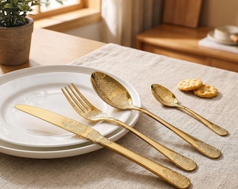 Edelstahlbesteck-Set 16 24-teilig - Vintage geschnitztes spiegelpoliertes Besteck, Goldbesteck-Kit, Einweihungsparty-Hochzeitsgeschenk