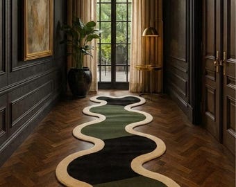 3×14ft Luxury Wavy Tufted Runner Rug - Modern Abstract Green & Black Carpet, Handmade Wool Corridor Runner, 3×16ft Contemporary Hallway Rug.