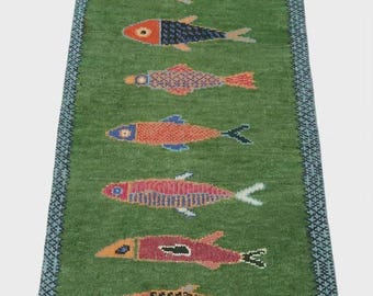 Koi Fish Runner Rug: Green Colorful Carpet Handmade Wool Area Rug