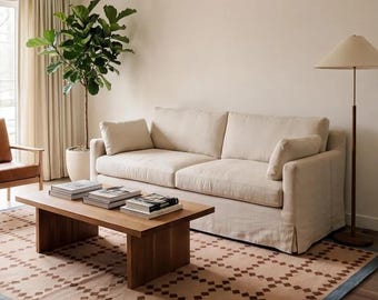 Tapete de lã bege ferrugem azul tecido à mão - Design geométrico escandinavo moderno e minimalista