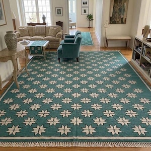Teal Green Wool Rug: Geometric Star Pattern, Hand Knotted Modern Boho Carpet