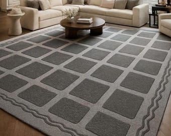 Alfombra tejida a mano, alfombra geométrica moderna, alfombra neutra de lujo, alfombra tejida a mano a medida, decoración para sala de estar