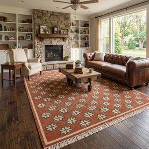 Hand Knotted Wool Rug: Terracotta Star Pattern, Oushak Style Carpet