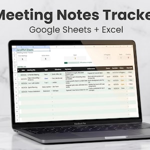 May include: A laptop displaying a spreadsheet titled "Meeting Notes Tracker" with the text "Google Sheets + Excel" above the screen. The laptop is open on a white surface with a potted succulent to the right.